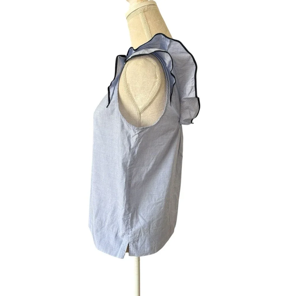 J. Crew Pleated Ruffle Cap Sleeve Top Women's Sz 4 Chambray BlueTrim Square Back